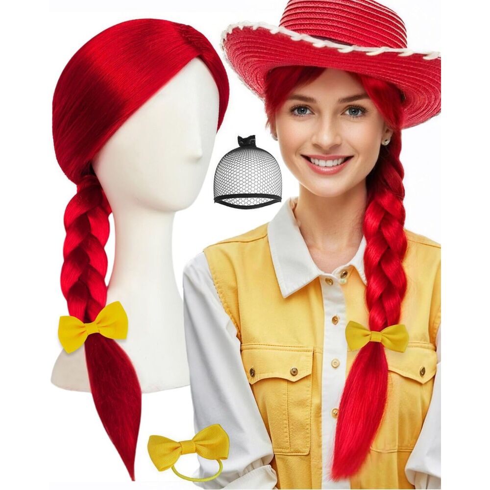 New 29" Long Red Braided Wig w/ Yellow Bow Adult Costume Jessy Cowgirl Cosplay